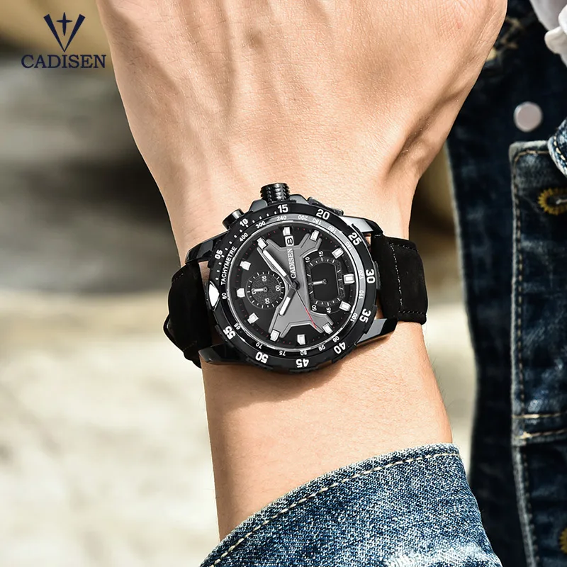 Мужские кварцевые часы Cadisen с кожаным ремешком и хронографом со светящимися