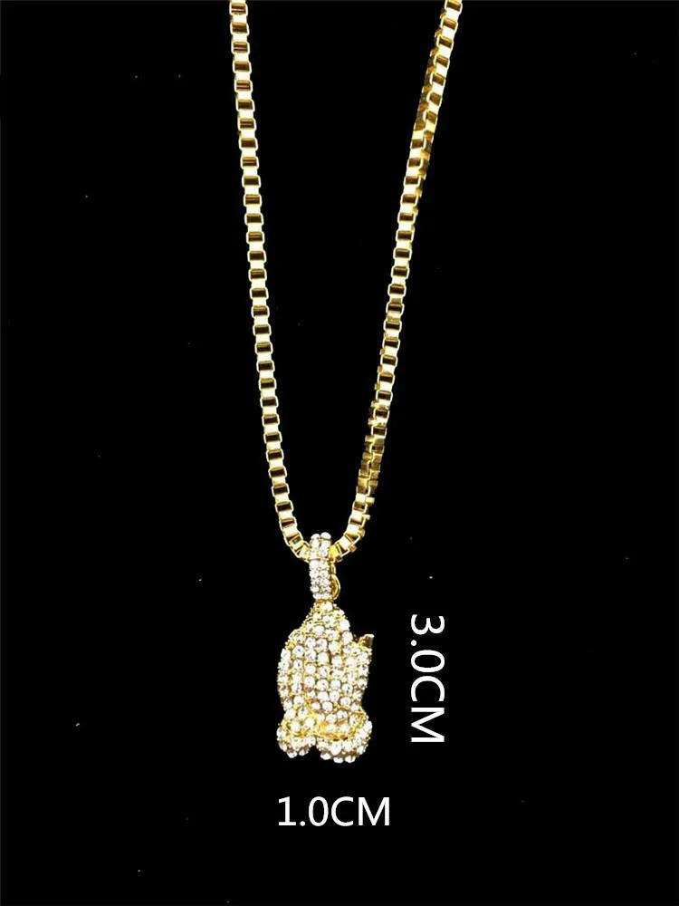 Золотой тон Iced Out Цепочки и ожерелья набор микро Ангел Кулон молитве руки