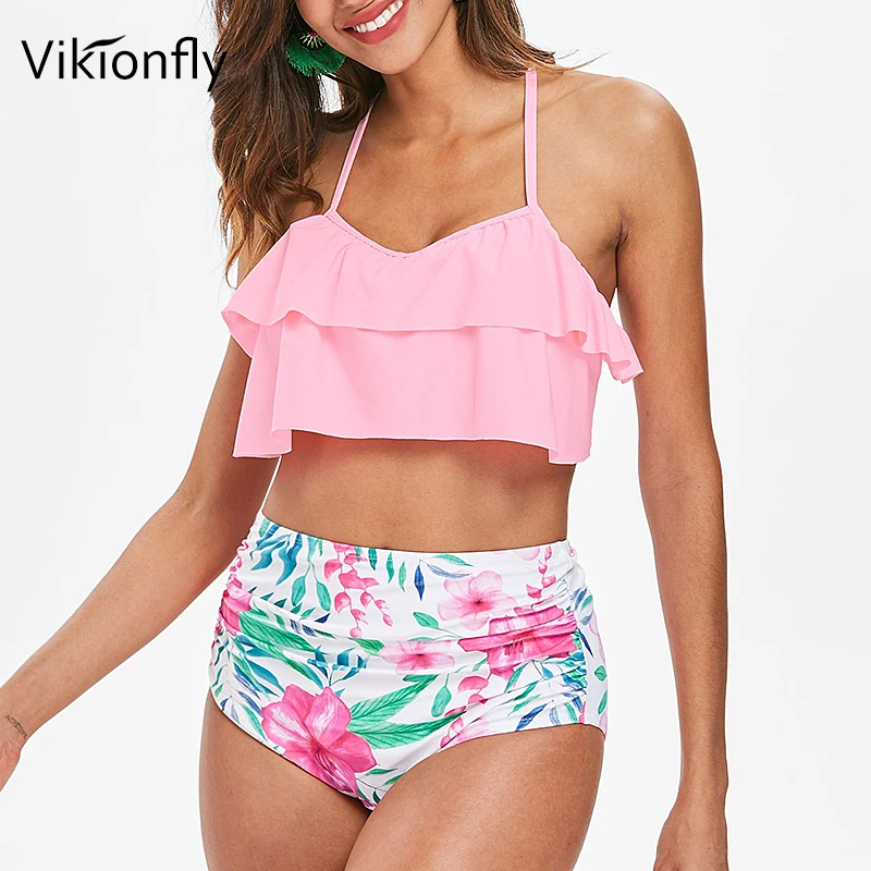 Vikionfly рюшами Высокая талия Купальник бикини 2021 Для женщин ванный комплект