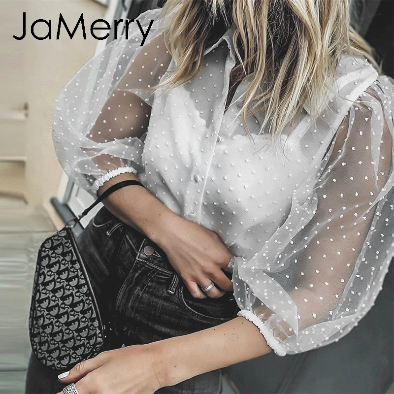 JaMerry элегантная сетчатая белая шифоновая блузка с длинным рукавом и пуговицами