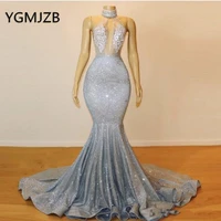 sparkly sequined long mermaid prom dresses 2019 halter beaded appliques lace sexy backless saudi arabia women formal party dress