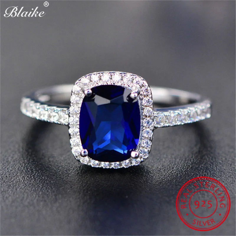 Blue Ring Кольца из стерлингового серебра s925 пробы для женщин, обручальные кольца, квадратные Кристальные камни, обещание на помолвку, кольцо, белое кольцо с синим сапфиром, ювелирные изделия - Цвет камня: Blue Ring