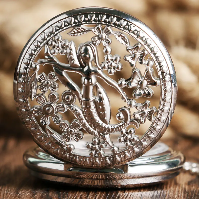 

Fashion Mermaid Flower Retro Necklace Gift Silver Pendant Casual Chain Antique Style Trendy Pocket Watch Hollow Women