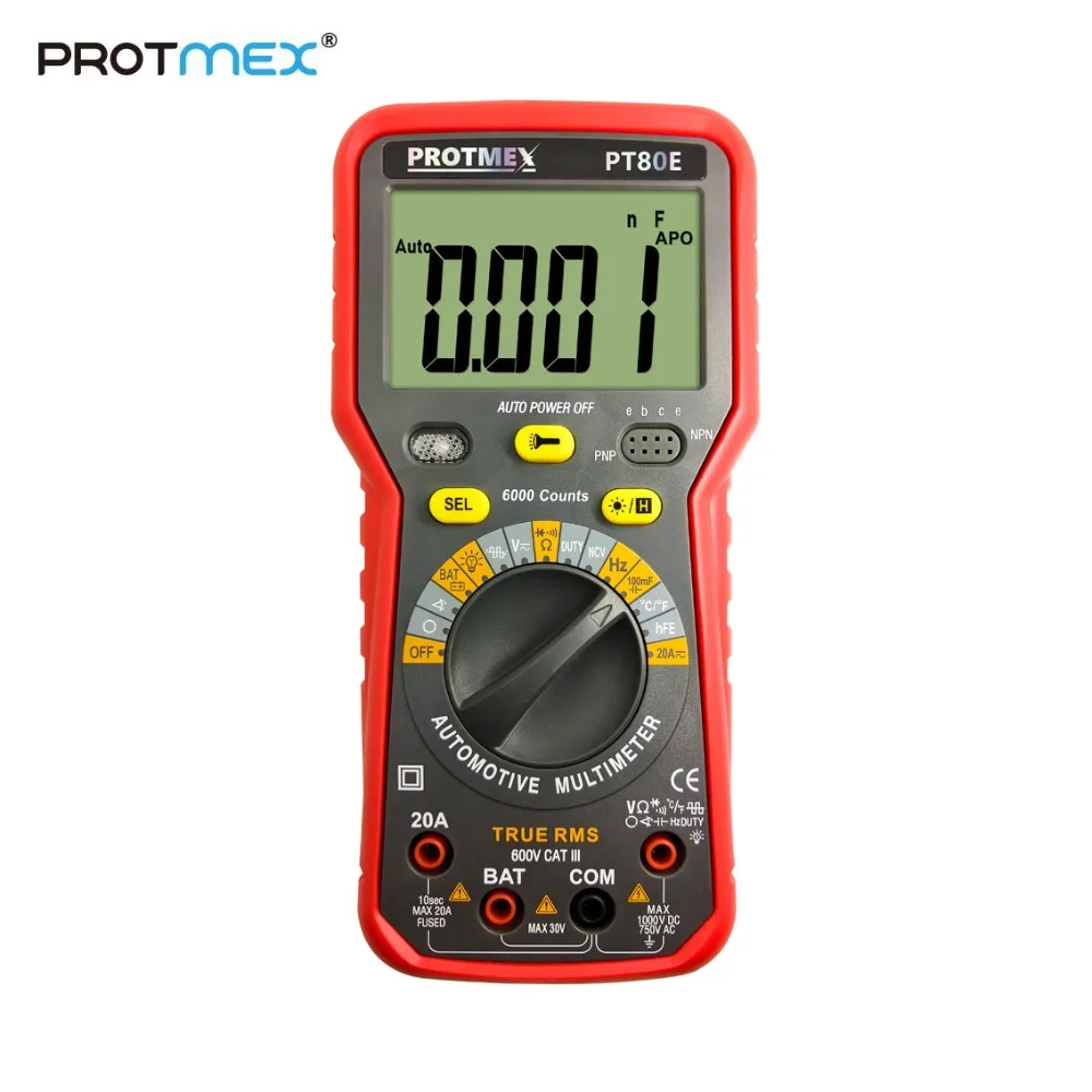 Цифровой Авто/ручной автомобильный тестер мультиметр, Protmex PT80B/80E 6000 отсчетов постоянного/переменного тока Напряжение Ток Сопротивление Емкость Тестер