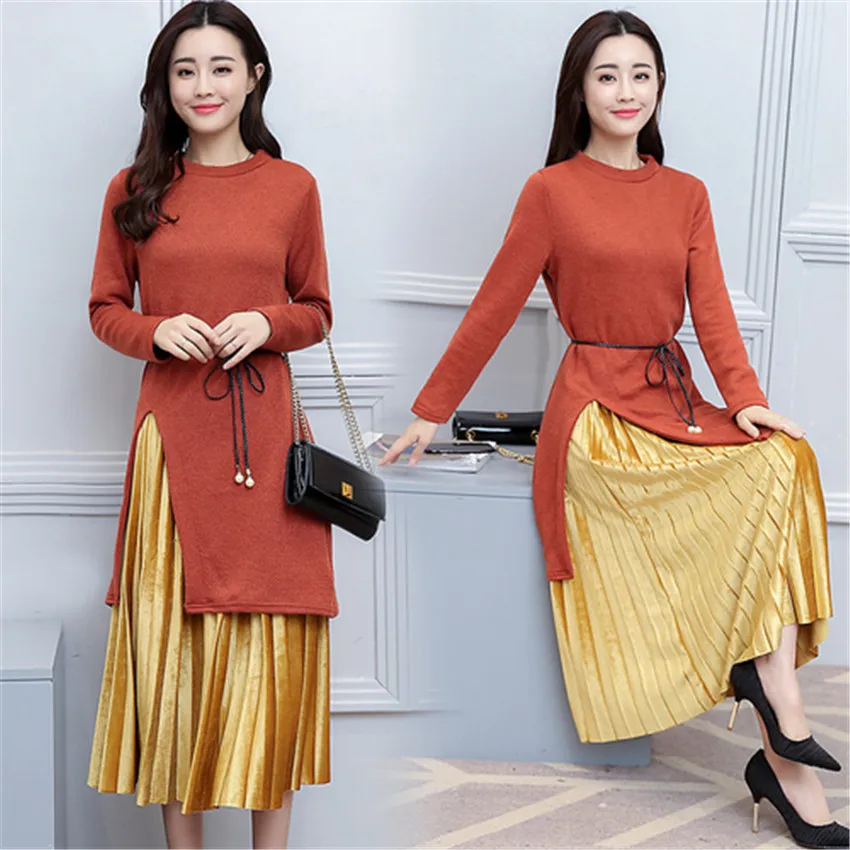 Женский трикотажный свитер и плиссированная юбка Осень зима|plus size womens sets|women setwinter