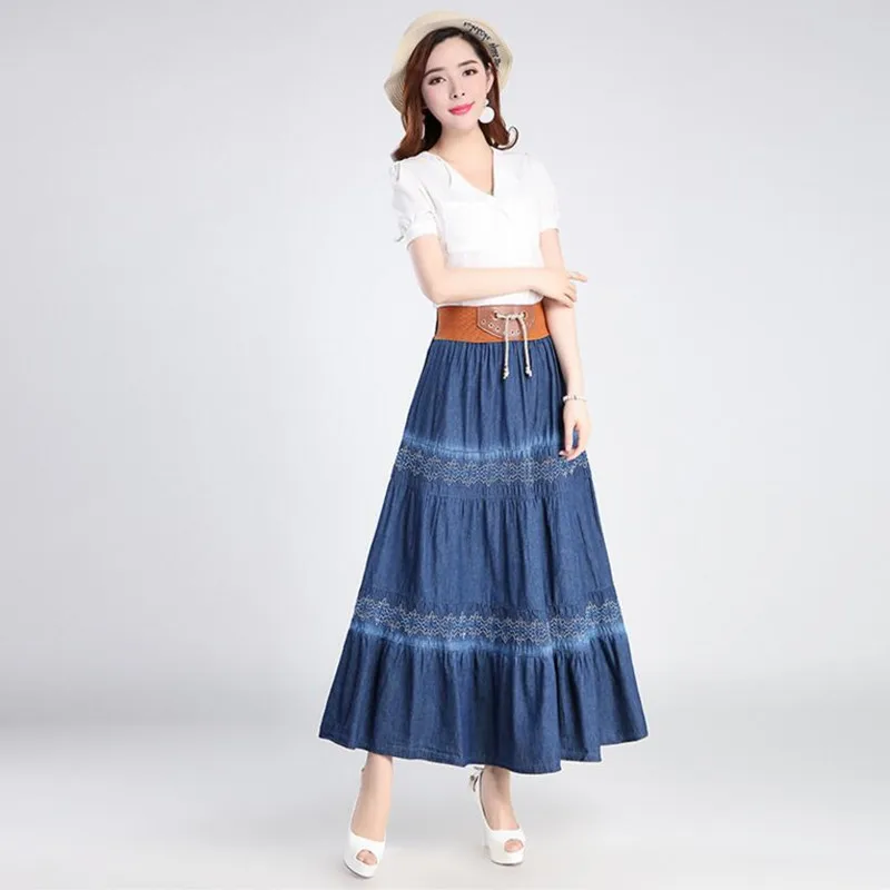 LXMSTH винтажная Длинная женская юбка в национальном стиле с высокой талией тонкая