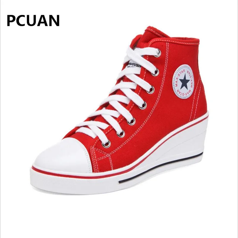 Женская парусиновая обувь с высоким берцем повседневная на высокой танкетке