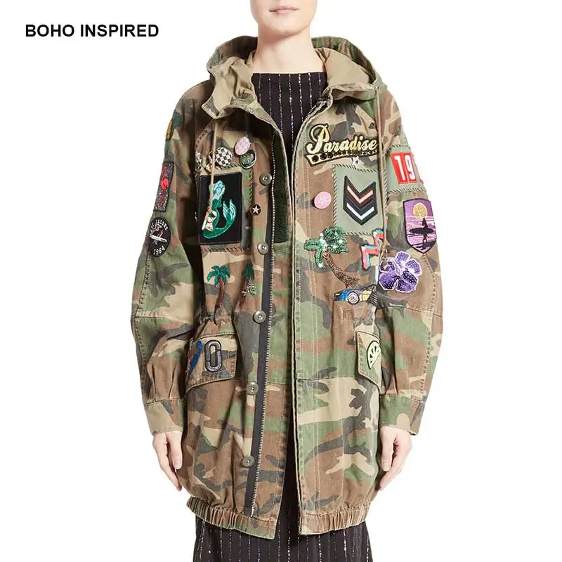 Бохо стиле Крупногабаритные Украшенные зимние куртки женщины Аппликация