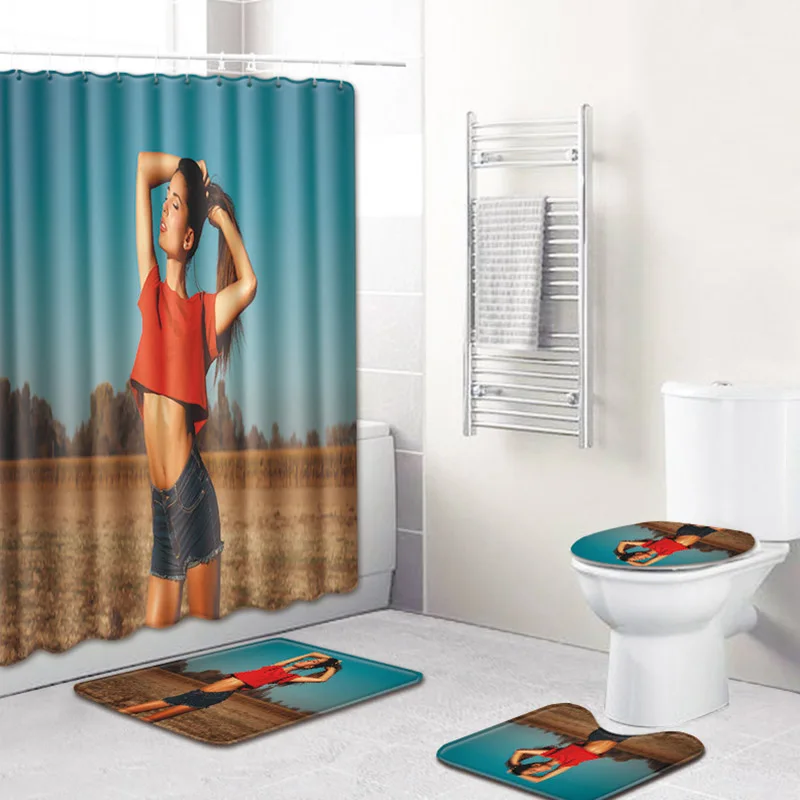 4293-9 4 комплекта ковров для ванной комнаты и занавесок для душа, сексуальные женские и нескользящие коврики для ванной комнаты, чехлы для унитаза, аксессуары для туалета - Цвет: 4293-9