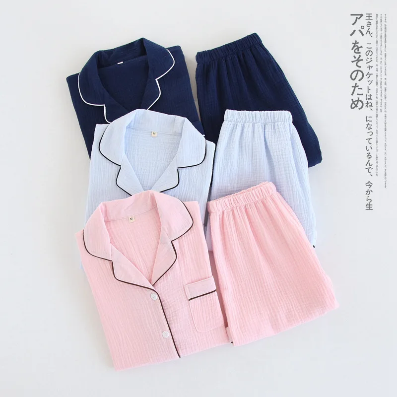 

Navy Blue Crape 100% Cotton Short Pajamas Sets Women Summer Sexy Pure Color Pijamas Mujer Pyjamas Women Casual Indoorwear