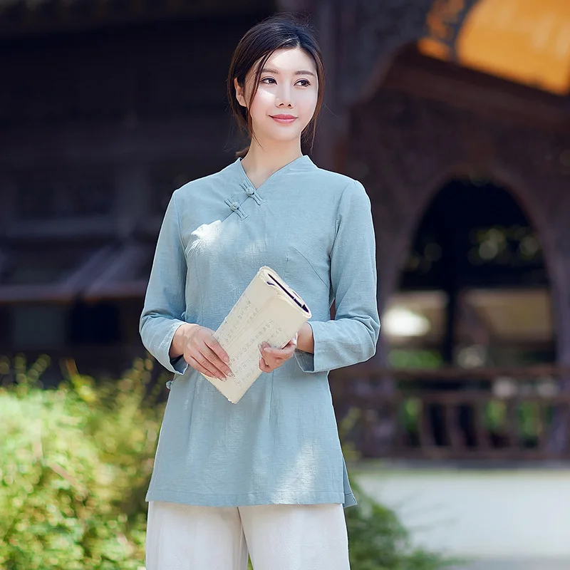 Тонкая футболка с длинным рукавом одежда в китайском стиле перекрещивающимся