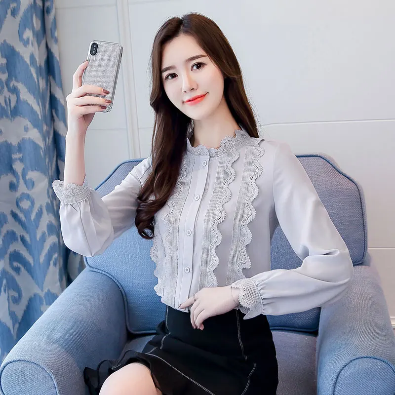 Dingaozlz кружевная блузка Осенняя Новинка blusa feminina Женские топы с длинными рукавами Корейская Офисная женская шифоновая рубашка с оборками одежда