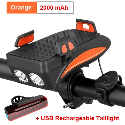 Set 2 Orange 2000mAh Велосипедный светильник NEWBOLER с подзарядкой от USB, флэш-светильник, держатель для телефона, велосипедный светильник высокого качества 2000/4000 мАч, внешний аккумулятор, велосипедный рожок, светодиодный светильник - Цвет: Set 2 Orange 2000mAh