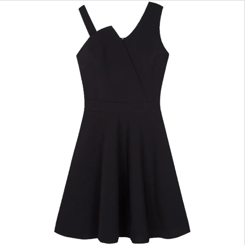 

Women's dress asymmetrical sleeve elegant black color tank shoulder sexy top dress European and American style for ladies