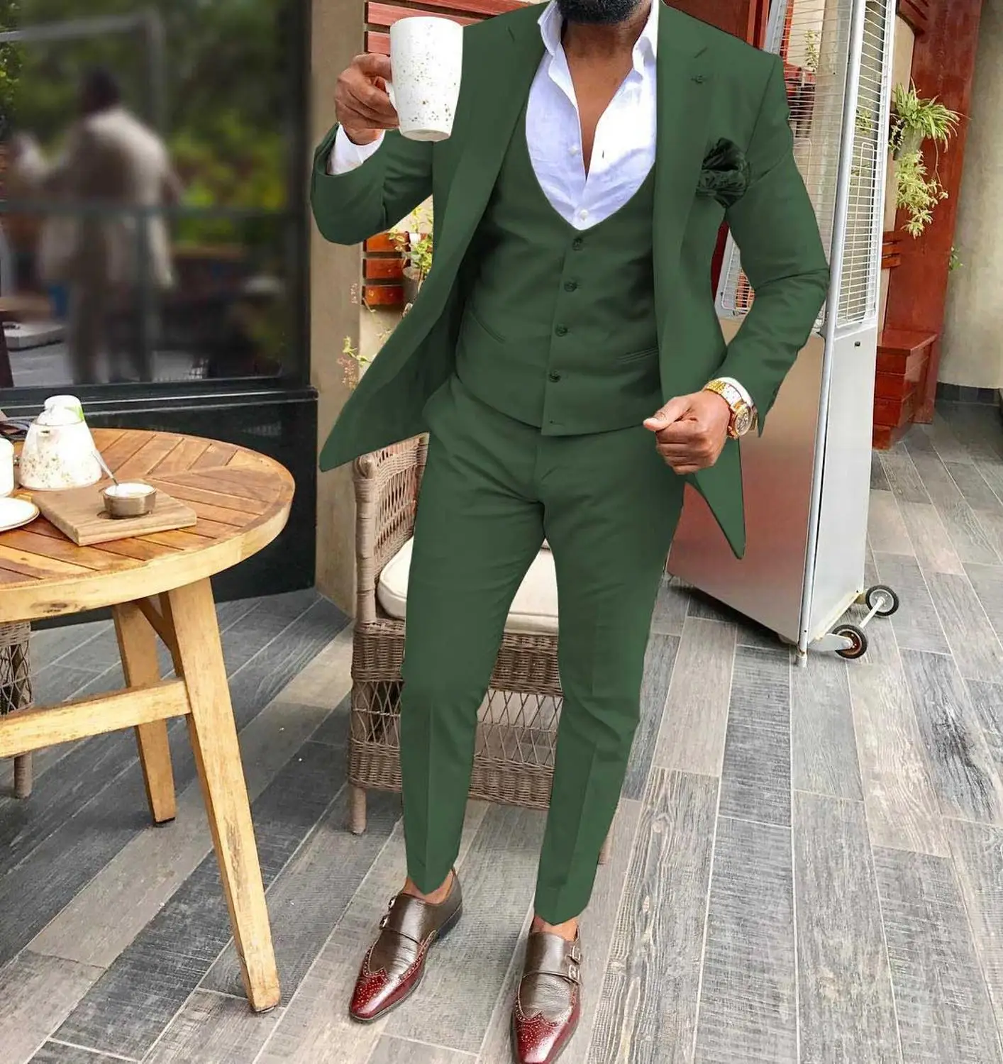 Hunt green Для мужчин костюмы Slim Fit повседневное комплект из 3 предметов Женихи армейский зеленый шампанское нагрудные деловой смокинг для Формальные - Цвет: Hunt green