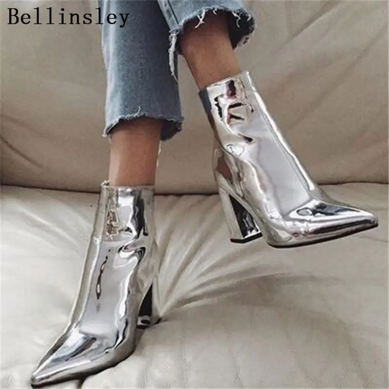 Bellinsley/женские ботильоны из серебристой лакированной кожи Модные женские на