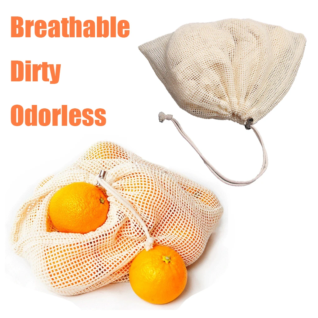 

Breathable Vegetables Storage Bags Reusable Cotton Mesh Organization Bag For Kitchen Eco-Friendly Fruit Bag With Drawstring