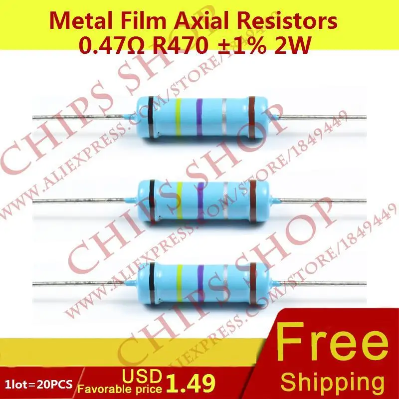 1 лот = 20 шт. из металла Плёнки осевой Резисторы 0.47ohm R470 1% 2 Вт wattage2w Резистор