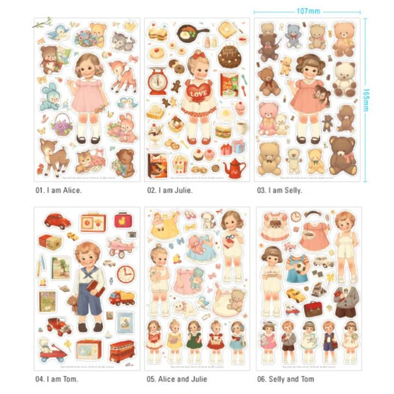 6 листов/Партия DIY милые Kawaii бумажные декоративные наклейки кукла животного из