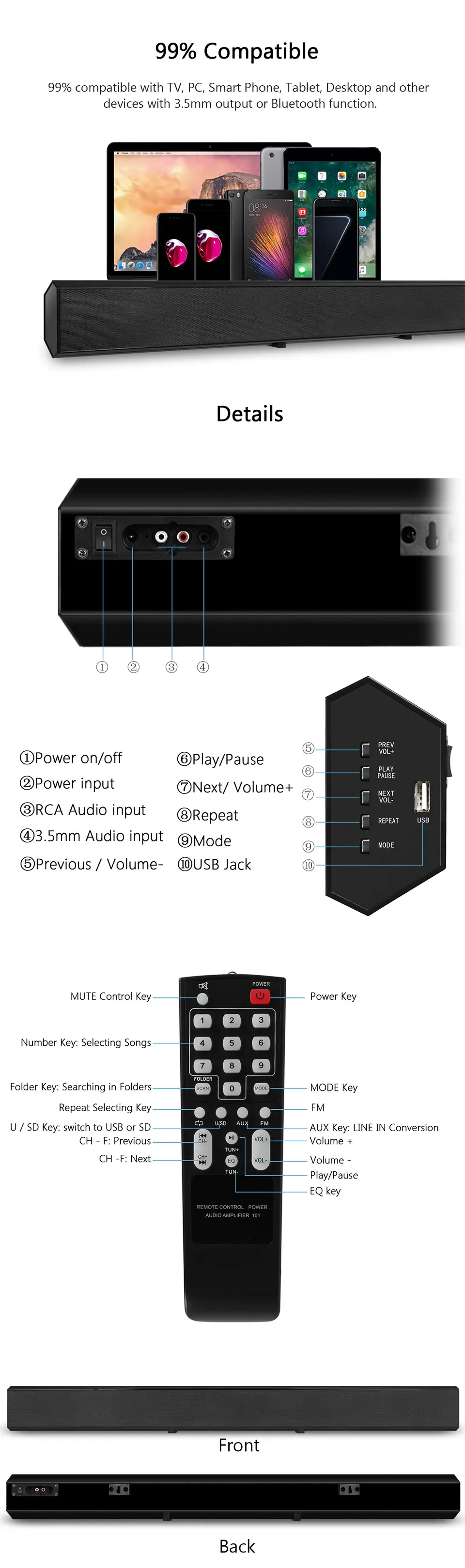 XGODY 1011A Bluetooth Звуковая Панель для дома Theather для iPhone Android телефон мощный бас сабвуфер беспроводной динамик Aux-In RCA