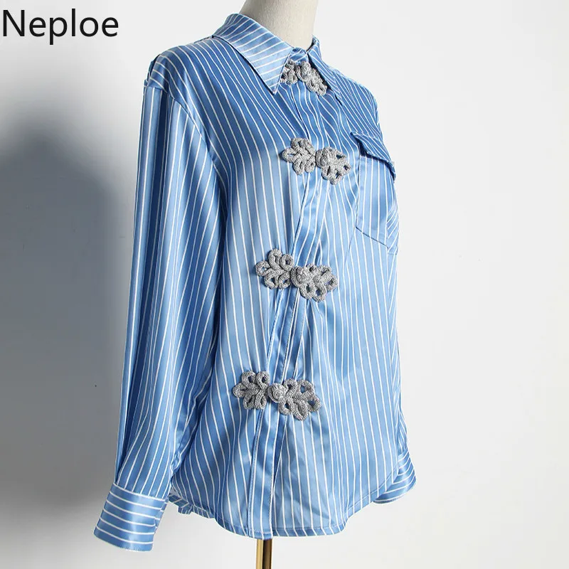 Neploe Retro Striped Women Shirts New Turn-Down Collar Long Sleeve Blouse Chinese Style Irregular Threshold Button Tops 44268 |