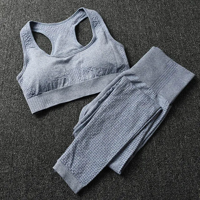 Gray Blue 2Pcs Set Комплект из 2 предметов для йоги, Женский бесшовный пуш-ап спортивный бюстгальтер, бюстгальтер+ Спортивная одежда для фитнеса, высокая талия, комплект для йоги, спортивные Леггинсы, спортивная одежда для бега - Цвет: Gray Blue 2Pcs Set
