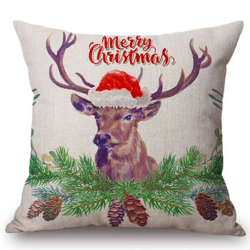 

Christmas Decoration Sofa Throw Pillow Watercolor Reindeer Jingle Bell Flower Wreath Merry Christmas Letters Print Cushion Cover