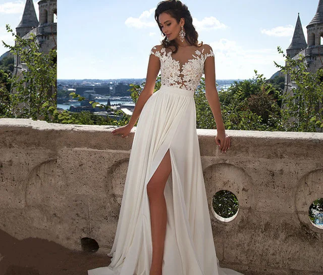 Женское свадебное платье в стиле бохо шифоновое кружевное невесты с аппликацией