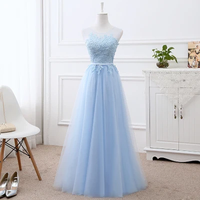Sky blue Long Robe de soiree, розовое, на шнуровке, с аппликацией, длинное платье, элегантное, вечернее платье, официальное, для невесты, свадьбы, банкета, с круглым вырезом, вечерние платья - Цвет: Sky blue Long