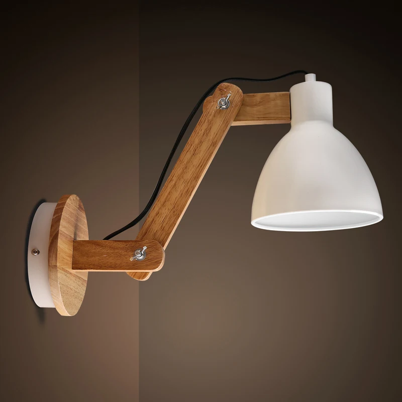 

Nordic Creative Solid Wood Bedside Shake Arm Adjustable Wall Lamp Retro Study Cafe Restaurant LED Wall Light Fixtures