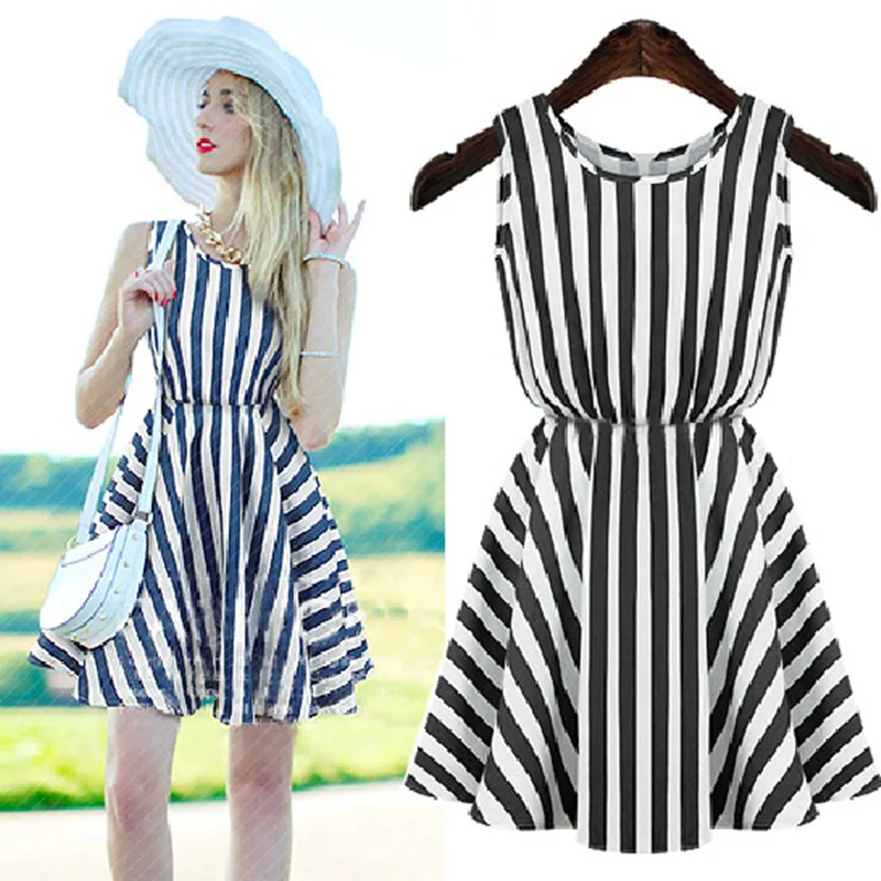 new style fashion women summer casual dress Round collar stripe sleeveless vest girl's cute princess free shipping | Женская одежда