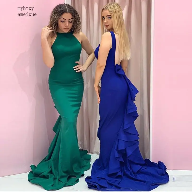 

Long Mermaid Evening Dress Dark Green Royal Blue Women Formal Evening Party Dress Sweep Train Ruffles Skirt Backless Prom Dress