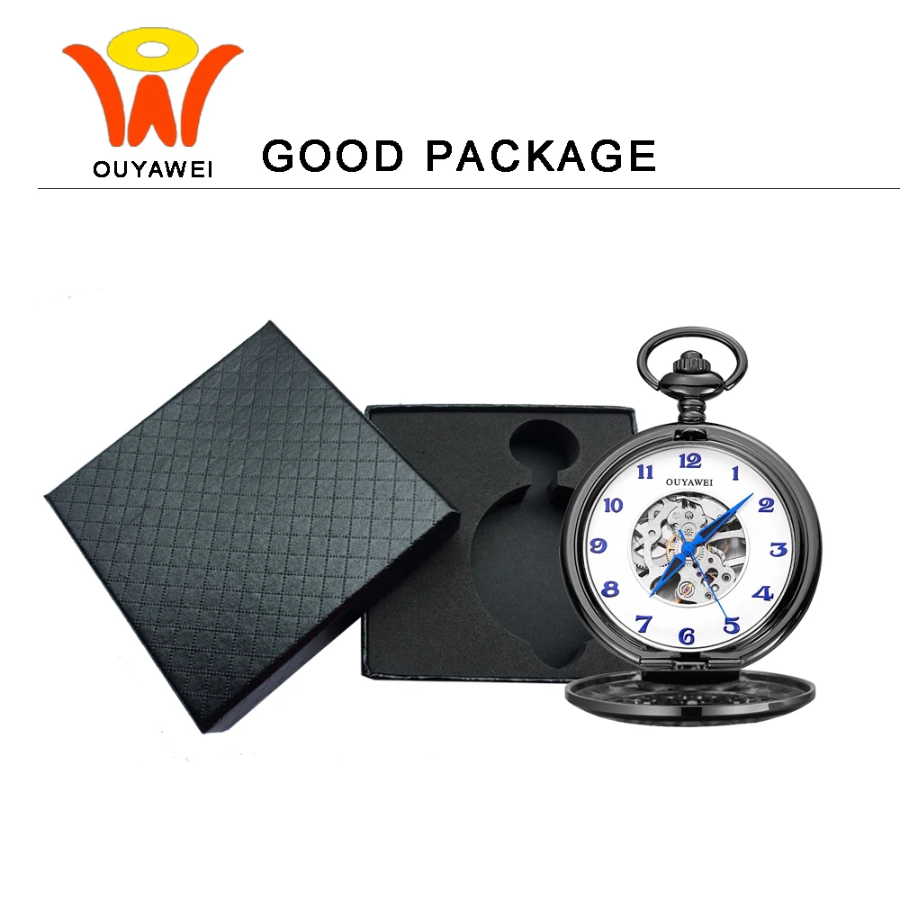 

Ouyawei Black Skeleton Mechanical Pocket Watch With Chain Men Retro Blue Hands Hand Wind Clock Necklace Pocket & Fob Watches