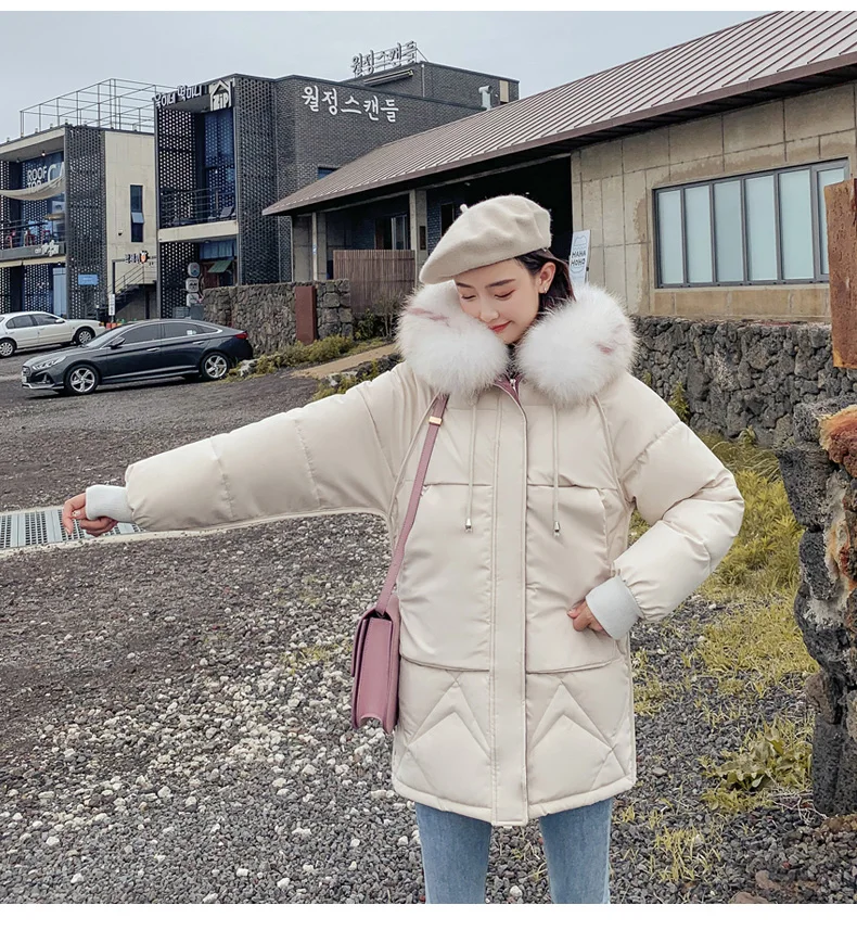 Candy colors winter coat women fashion large fur collar hooded thick warm jacket women Medium long parka outwear plus size