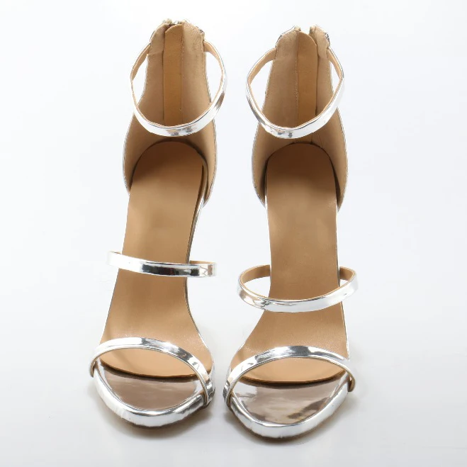 

Deification Silver Ladies Designer Shoes Women Fashion Back Zipper High Heels Sexy Super High Three Belts Handmade Sandals Women