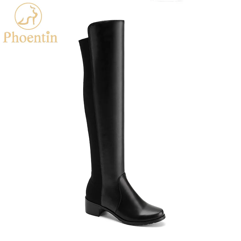 PU 4CM HEEL Phoentin/черные женские сапоги выше колена; коллекция года; сапоги из искусственной лайкры в стиле пэчворк на плоской подошве; сапоги для верховой езды на низком каблуке; обувь на плоской подошве; FT502 - Цвет: PU 4CM HEEL
