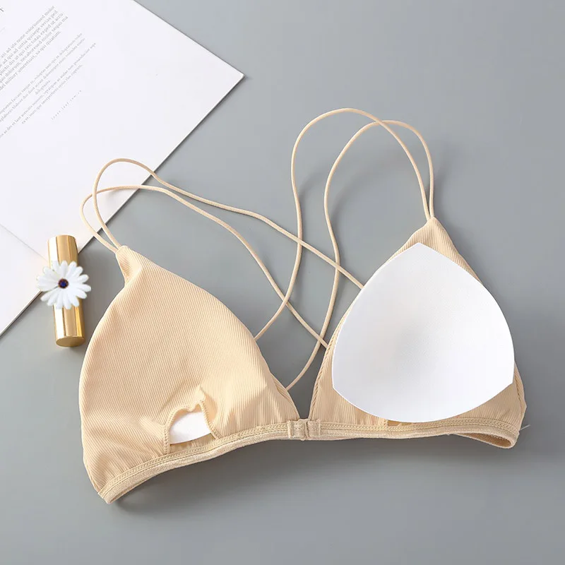 Seamless Women Bras Push Up Ice Slik Front Closure Beauty Back Cross Spaghetti Strap Solid Color Bralette Lingerie | Женская одежда
