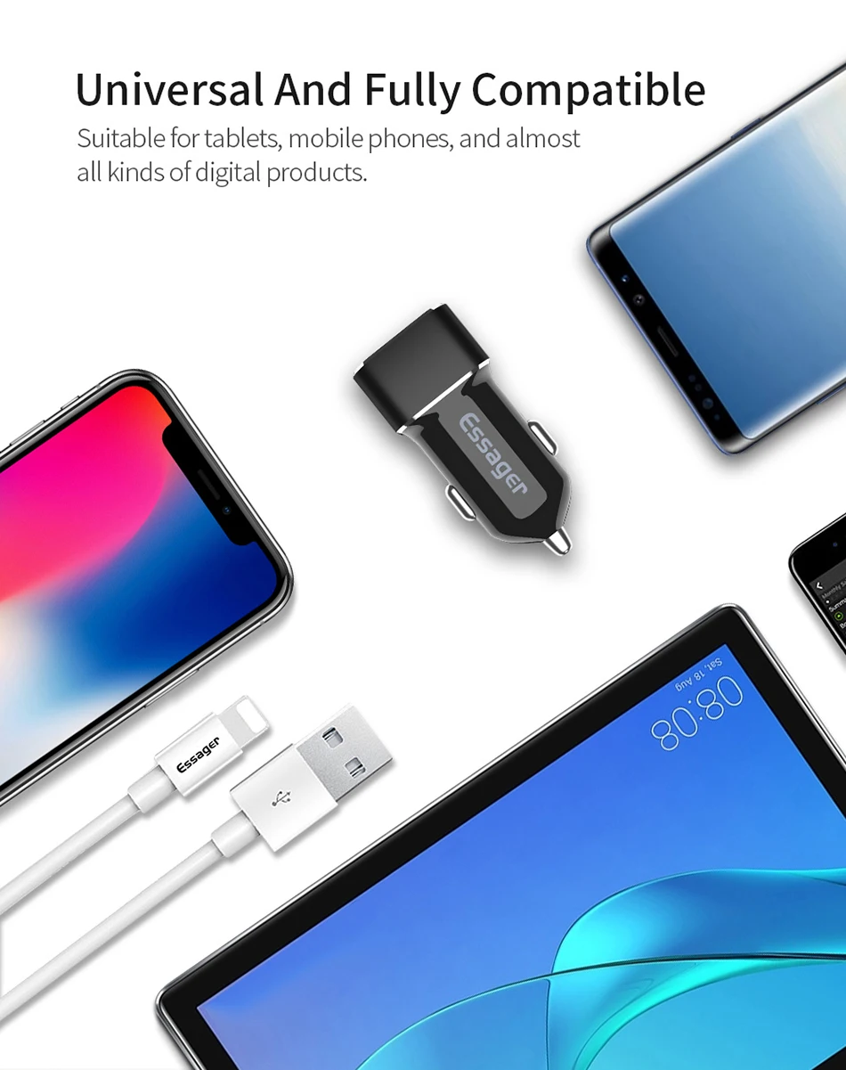 Автомобильное зарядное устройство Essager USB для iPhone Xiaomi Redmi Note 8 Pro, двойной USB адаптер для зарядки мобильного телефона, автомобильное зарядное устройство 2.4A