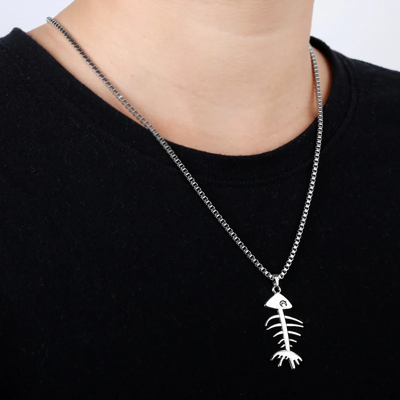 Подвеска в виде рыбной кости и ожерелье из нержавеющей стали лето рок музыка