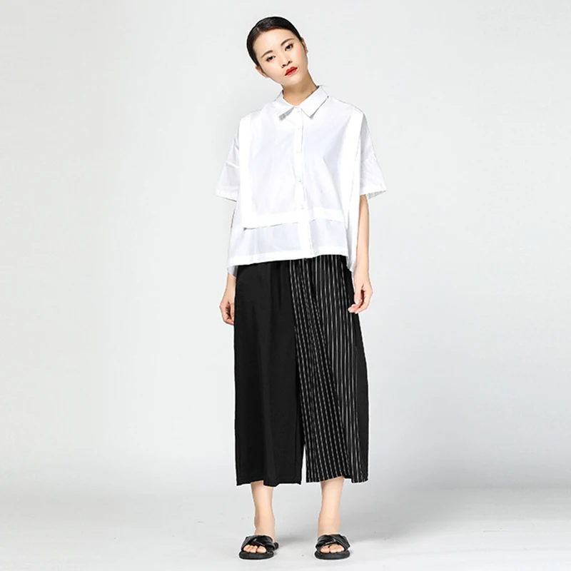 CHICEVER 2020 Spliced Striped Women's Trousers High Elastic Waist Loose Big Size Calf-Length Straight Pants Fashion New | Женская