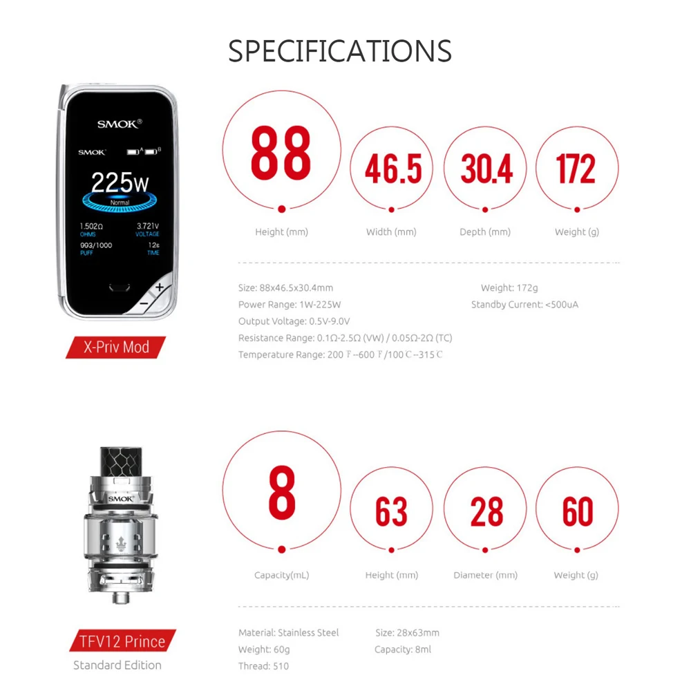 Оригинальный SMOK X priv комплект VAPE с 8 мл TFV12 Prince Tank испаритель 225 Вт Mod электронная