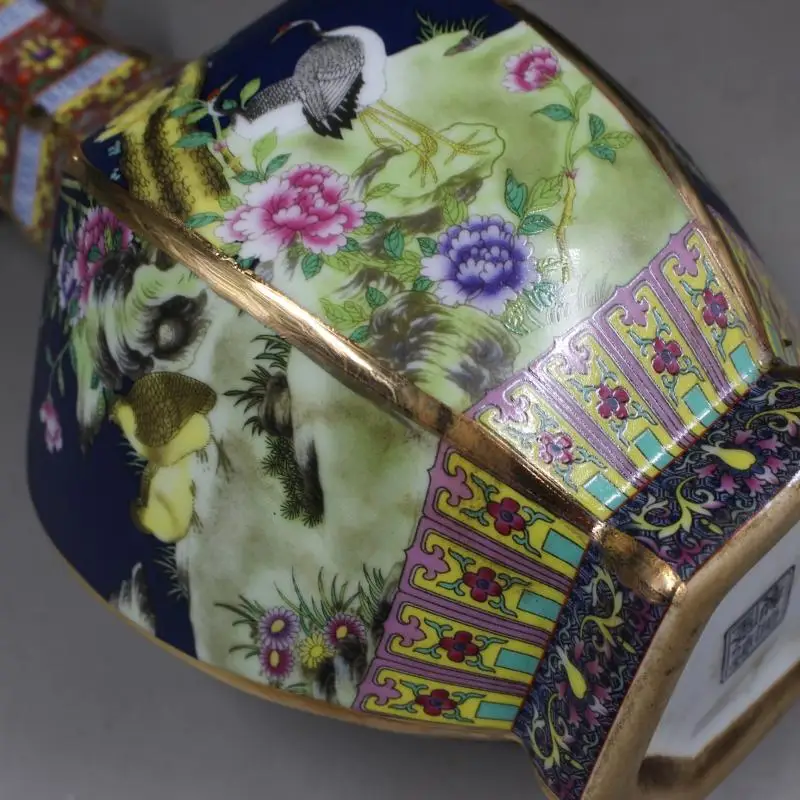 Qing Qianlong антикварная синяя керамическая ваза с эмалью шестиугольная цветком