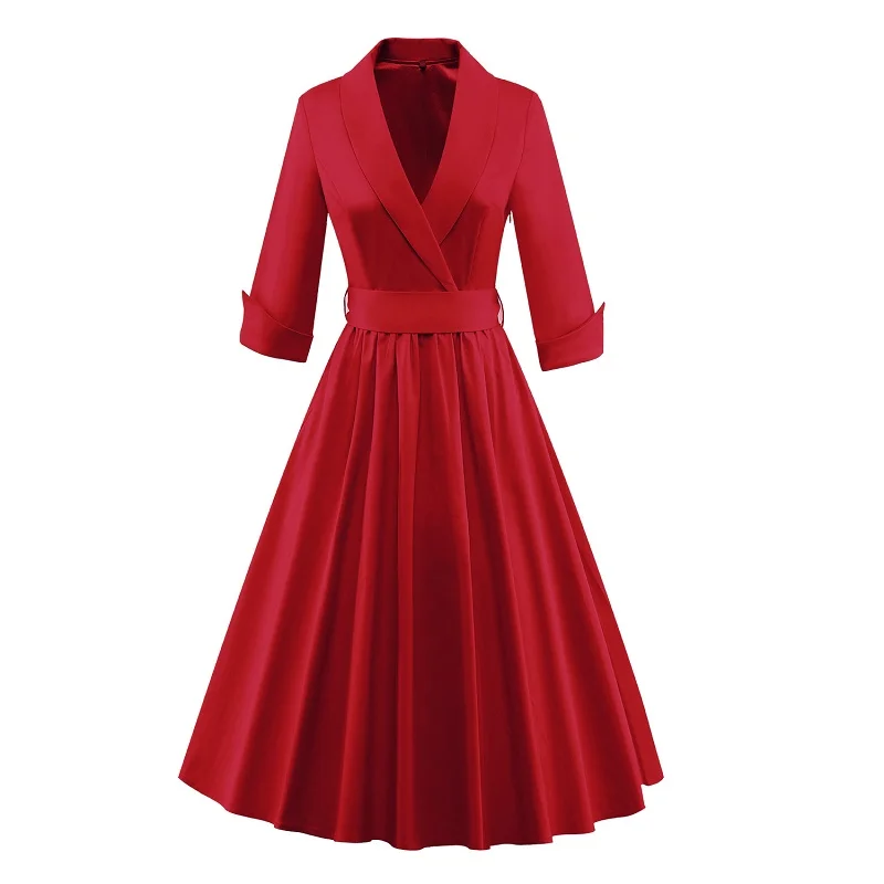 Женский Элегантность 2017 женское платье халат с лацканами Ретро Винтаж черный