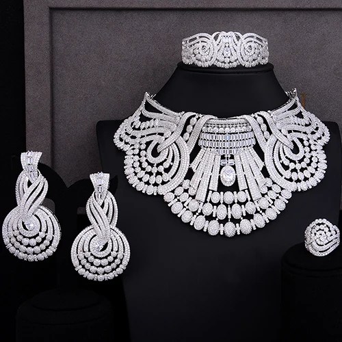 Silver Godki Роскошный цветок с кисточками эффектный колье набор украшений для женщин Свадебный Африканский кубический циркон CZ Дубай Свадебные украшения - Окраска металла: Silver