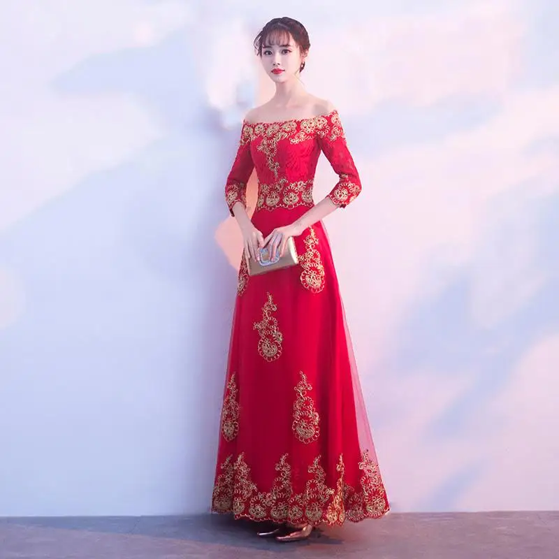 Новое поступление женское красное кружево Qipao классическое свадебное платье подружки невесты винтажные улучшенные атласные длинные платья тост одежда - Цвет: Red 2