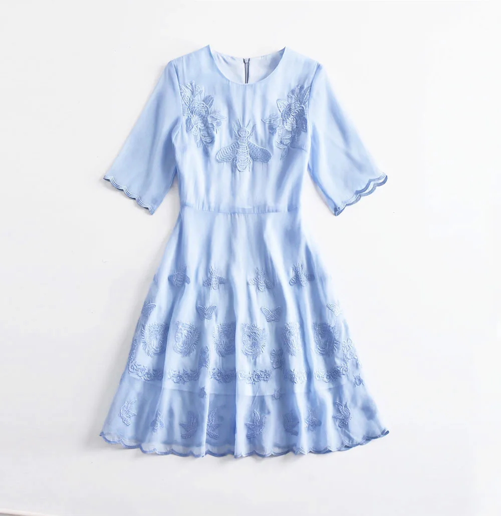 Light blue VEVEFHUANG Европейский Летние Новые короткие платья женские с коротким рукавом трапециевидной формы с цветочной вышивкой светло-голубое платье Vestidos - Цвет: Light blue