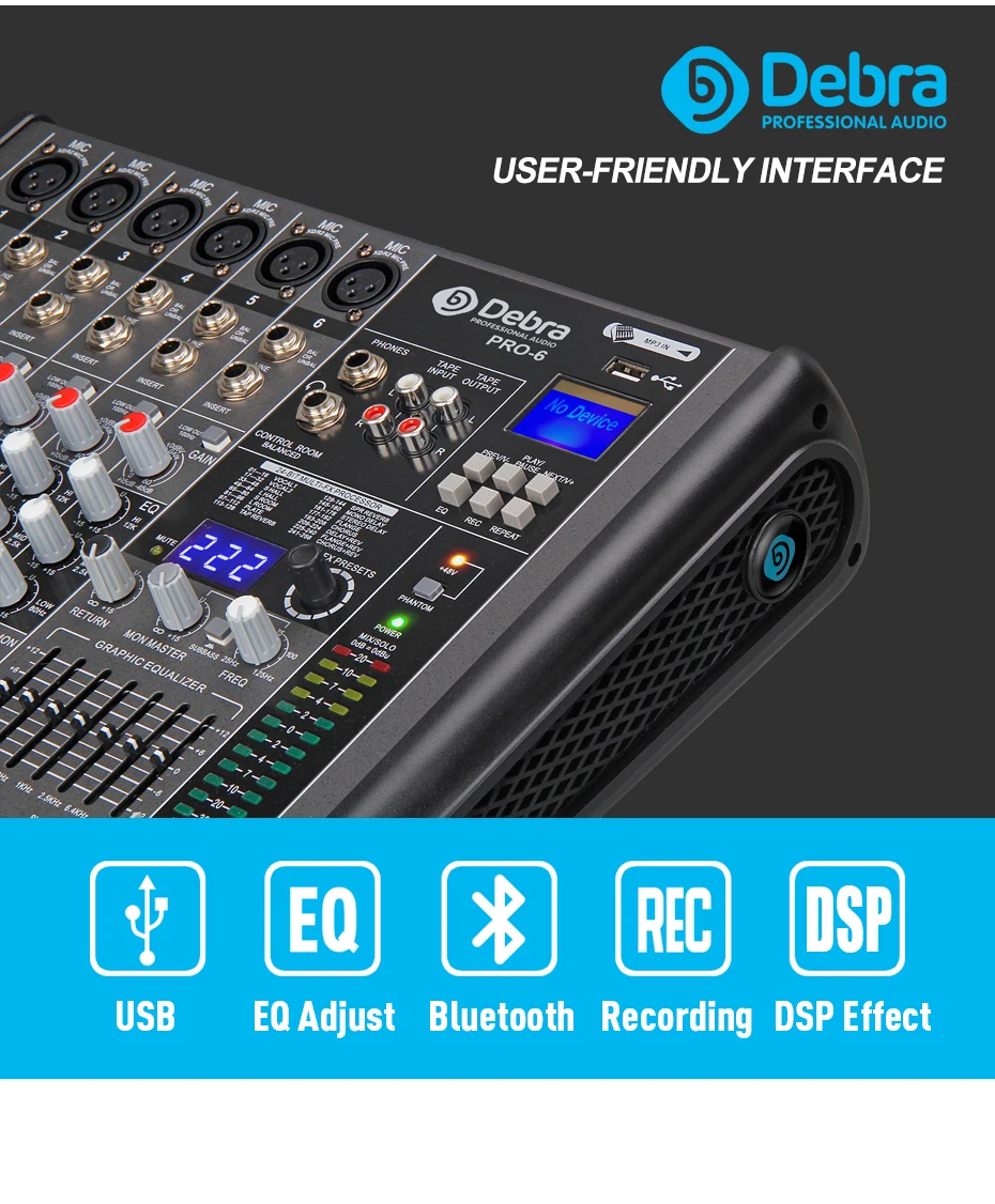 Профессиональный Debra Audio PRO 6 каналов с 256 DSP звуковые эффекты Bluetooth студийный микшер аудио-DJ звуковой контроллер Interf