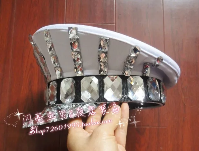Ds костюм Bling Детские шапки сверкающая кепка со стразами Стразы Черный Белый военная шляпа Roupa Feminina танцевальный костюм рейв наряд