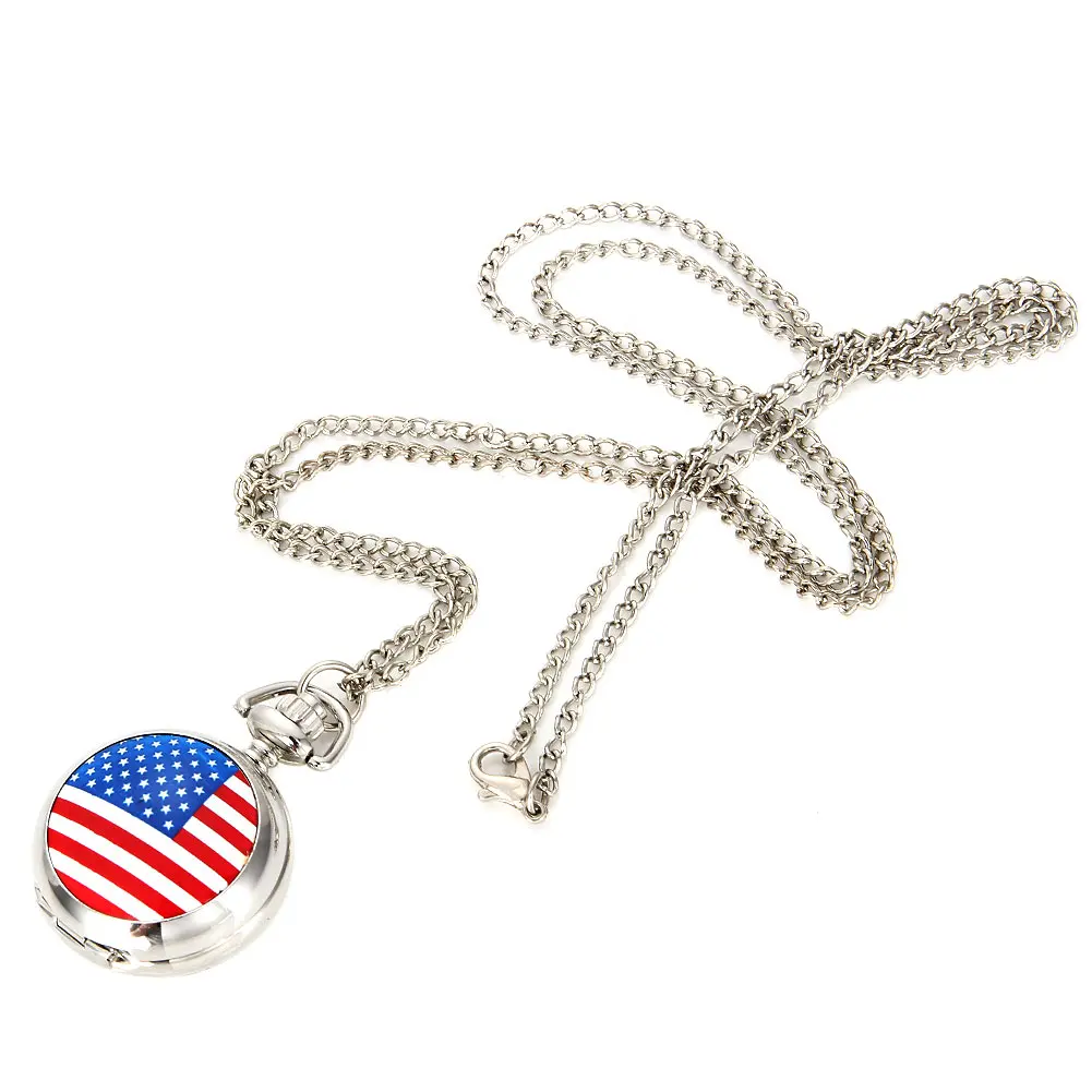 

Fashion Men Women Vintage Quartz Pocket Watch Alloy USA Flag Unisex Sweater Chain Necklace Pendant Clock Gifts LL@17