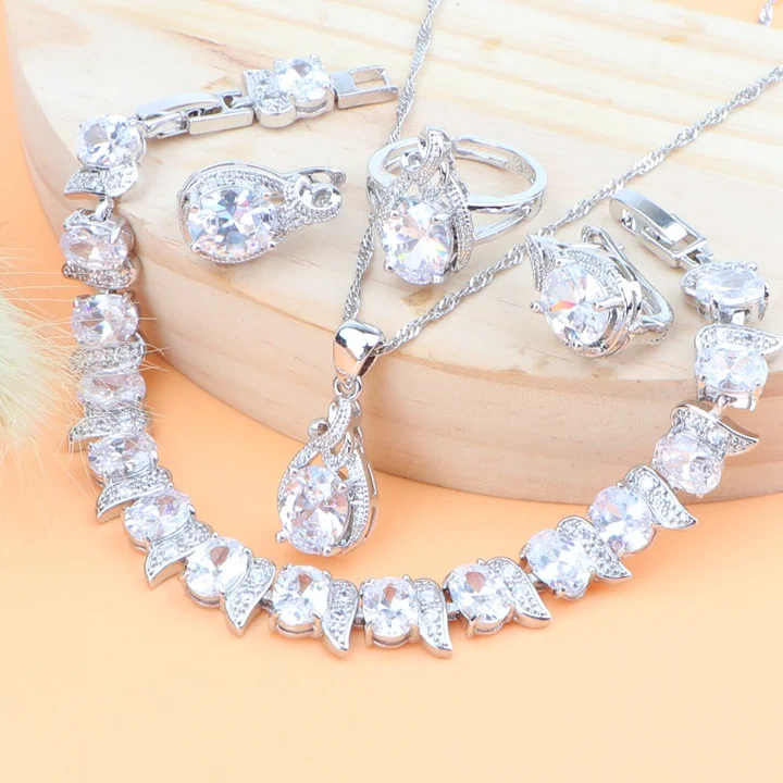 4PCS Кубический цирконий Свадебные серебряные 925 Ювелирные наборы серьги для женщин ювелирное изделие кольцо для костюма браслет кулон ожерелье набор подарочная коробка - Окраска металла: 4PCS